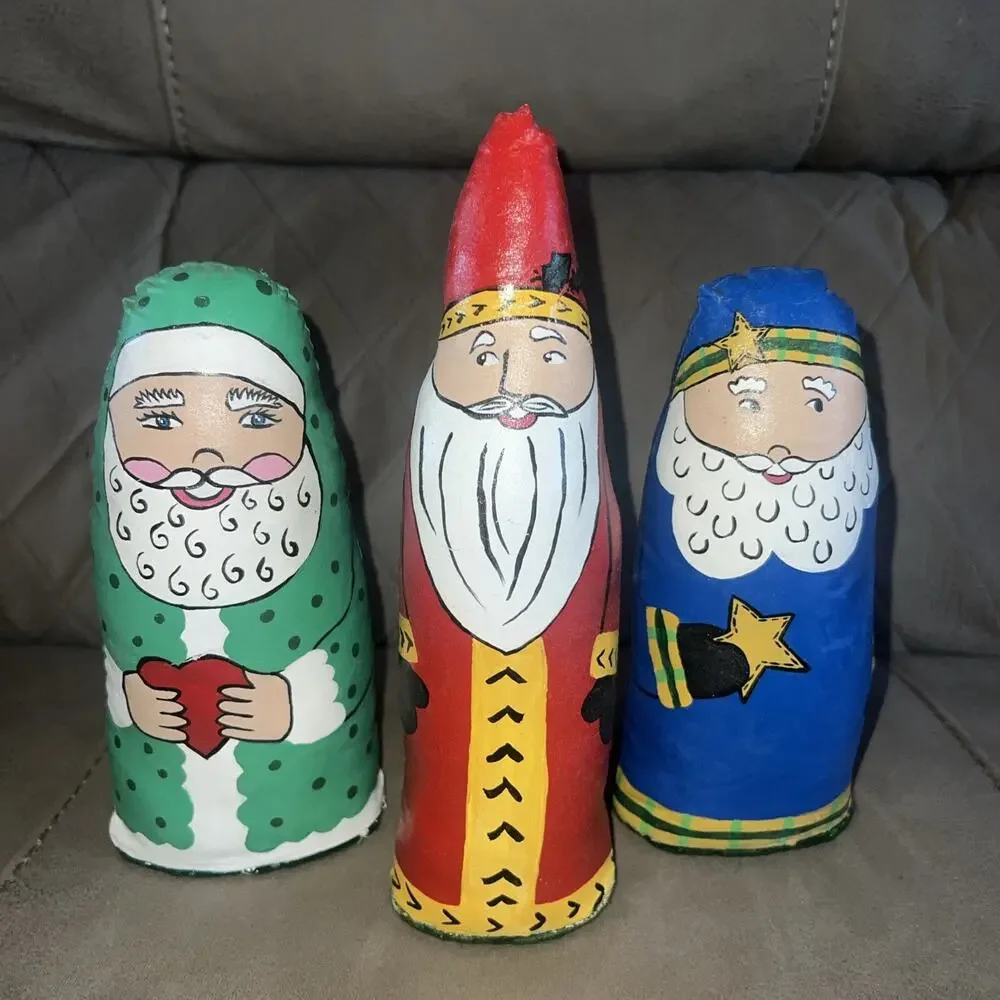Vintage Christmas Hand Painted Oil Cloth Canvas Santa Claus Wisemen Decor